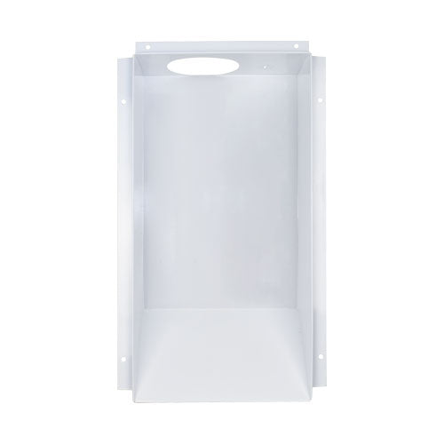 RECESSED WHITE METAL DRYER BOX WITH A ROUND HOSE HOLE FOR 2X6 WOOD STUDS