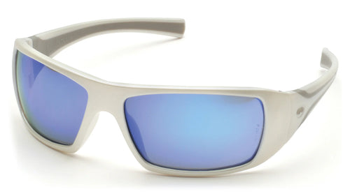 GOLIATH® FULL FRAME SAFETY GLASSES - WHITE FRAME/ICE BLUE MIRROR NO ANTI-FOG
