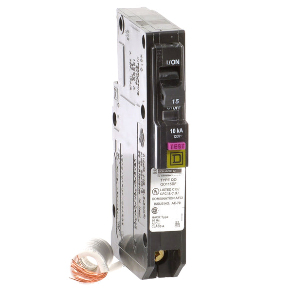 SQUARE D MINI CIRCUIT BREAKER 15A 1 POLE COMBINATION DUAL FUNCTION PIG TAIL PLUG IN MOUNT QO115DF TYPE QO