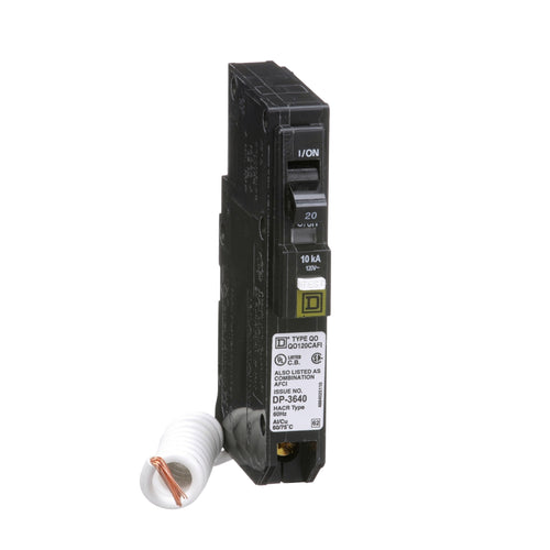 SQUARE D MINI CIRCUIT BREAKER 20A 1 POLE COMBINATION ARC FAULT PIG TAIL PLUG IN MOUNT QO120CAFI TYPE QO